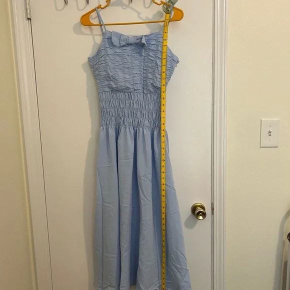 🩵EUC Simple Retro Light Blue Smocked Maxi Dress with Bow Detail size M Vintage - Picture 5 of 15